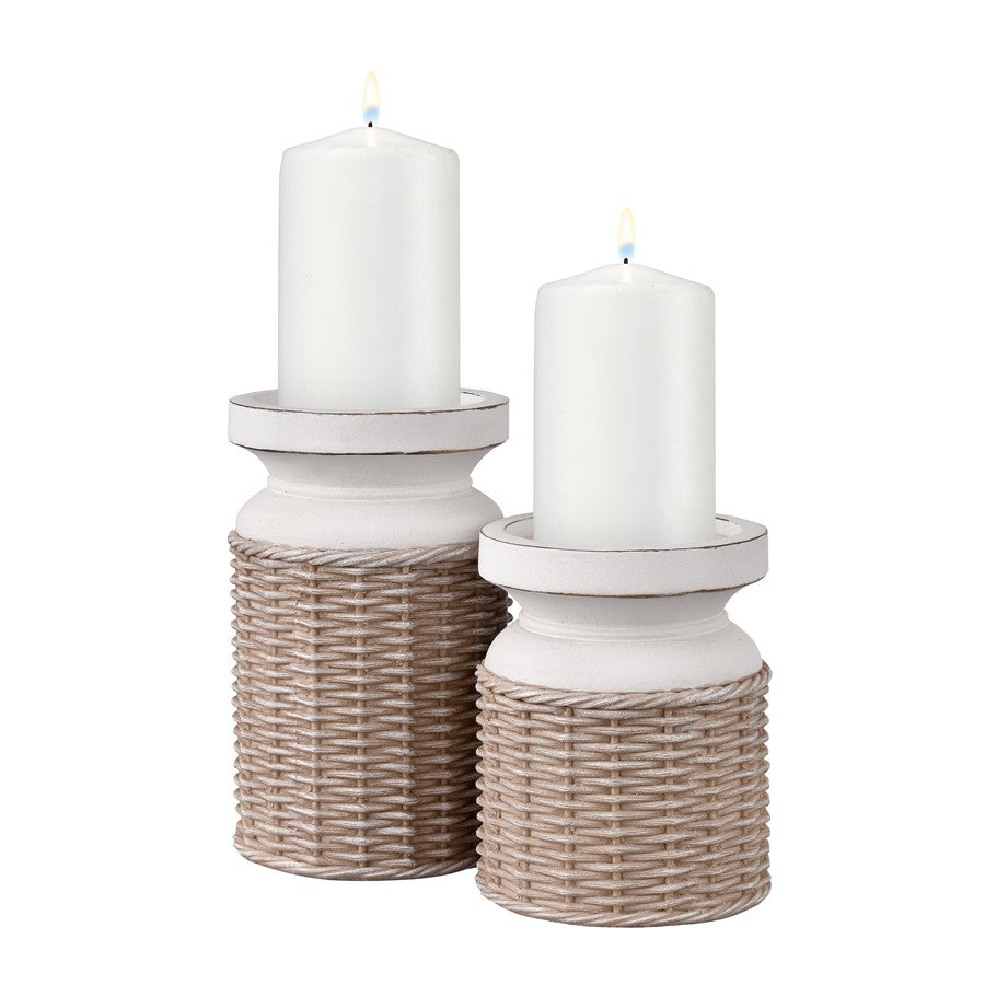 Atlas Lighting Norris Candleholder Set of 2 | Beige and White Composite | Living Room & Dining Room Decor | 4 x 4 x 6.5 in | Model AC11502-01S