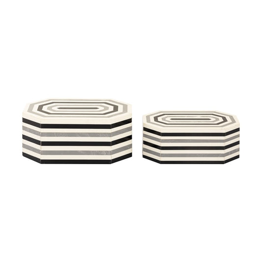 Atlas Lighting Octagonal Striped Box Set of 2 | White and Black Composite Storage | Living Room & Shelf Decor | 11.5 x 7.5 x 5 in | Model AC11504-01S