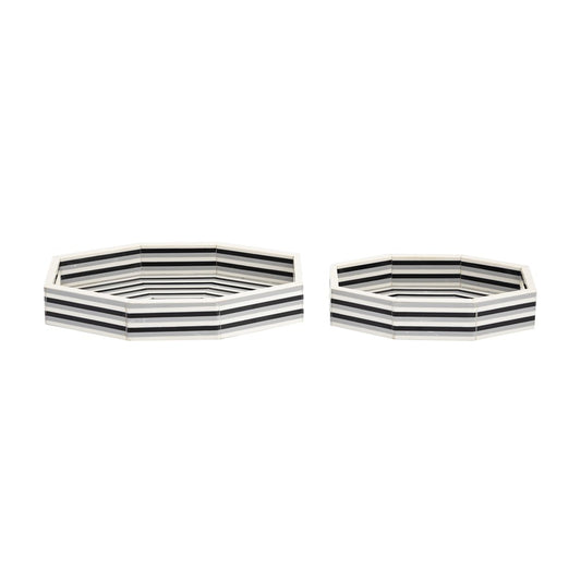 Atlas Lighting Octagonal Striped Tray Set of 2 | White and Black Composite Serving Trays | Coffee Table & Kitchen Decor | Model AC11505-01S