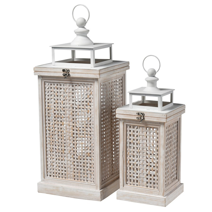 Atlas Lighting Paley Lantern Set of 2 | Transitional Weathered White Wood & Woven Panels | Tabletop & Covered Patio Decor | Model AC11523-01S