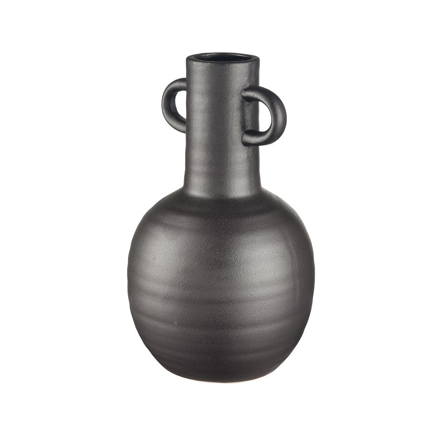 Atlas Lighting Pavit Large Vase | Matte Black Earthenware Amphora | Living Room & Bedroom Decor | 6.5 x 6.5 x 11 in | Model AC11531-02