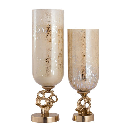 Atlas Lighting Radner Hurricane Set of 2 | Antique Cream Glass with Gold Metal Base | Mantel & Dining Table Candle Holders | Model AC11545-01S