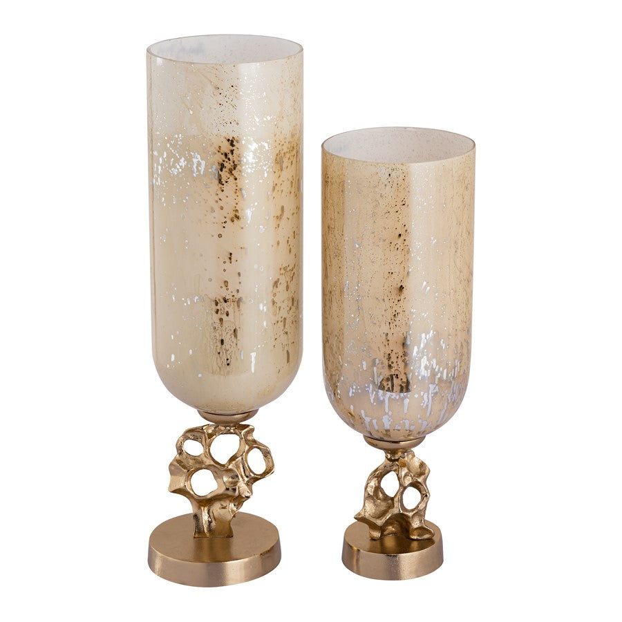 Atlas Lighting Radner Hurricane Set of 2 | Antique Cream Glass with Gold Metal Base | Mantel & Dining Table Candle Holders | Model AC11545-01S