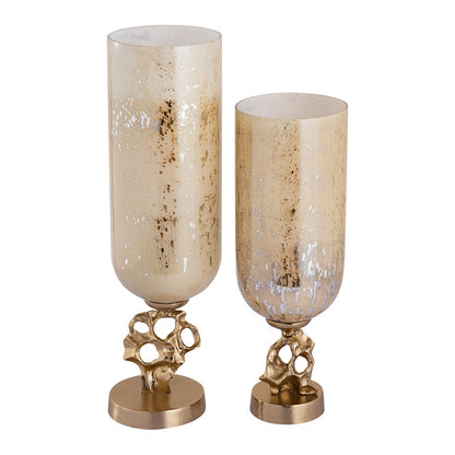 Atlas Lighting Radner Hurricane Set of 2 | Antique Cream Glass with Gold Metal Base | Mantel & Dining Table Candle Holders | Model AC11545-01S
