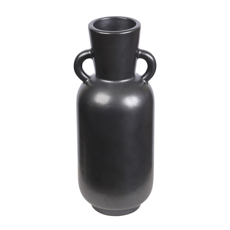 Atlas Lighting Raja Large Vase | Black Satin Earthenware with Amphora Handles | Living Room & Hallway Console Accent | Model AC11547-01