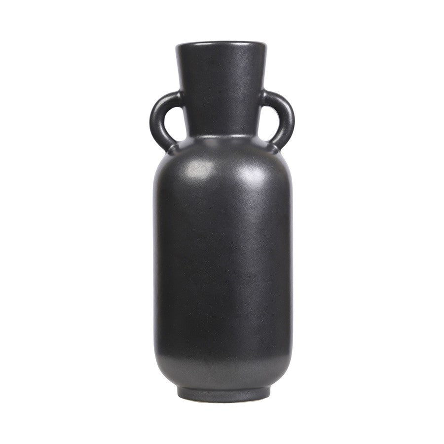 Atlas Lighting Raja Large Vase | Black Satin Earthenware with Amphora Handles | Living Room & Hallway Console Accent | Model AC11547-01