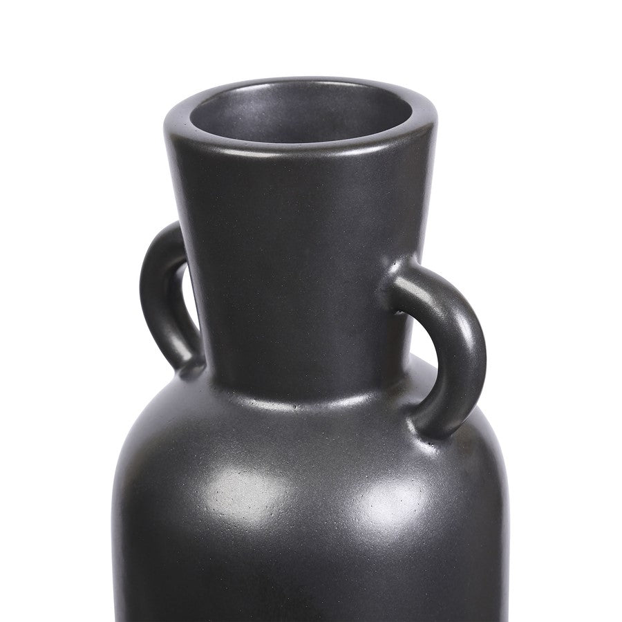 Atlas Lighting Raja Large Vase | Black Satin Earthenware with Amphora Handles | Living Room & Hallway Console Accent | Model AC11547-01