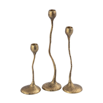 Atlas Lighting Rosen Set of 3 Brass Candleholders | Curving Metal Taper Holders | Dining Room & Mantel Decor | 4 x 4 x 15 in | Model AC11565-01S