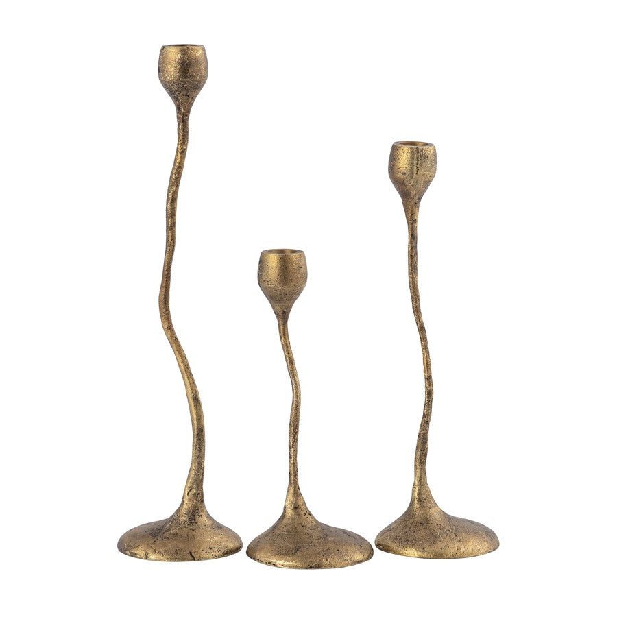 Atlas Lighting Rosen Set of 3 Brass Candleholders | Curving Metal Taper Holders | Dining Room & Mantel Decor | 4 x 4 x 15 in | Model AC11565-01S