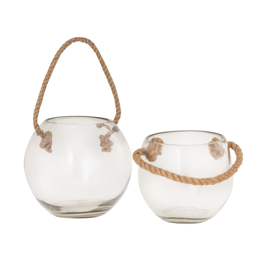 Atlas Lighting Rusa Candleholder Set of 2 | Clear Glass & Natural Accent | Dining Table & Mantel Decor | 8.25 x 8.25 x 7 in | Model AC11568-01S