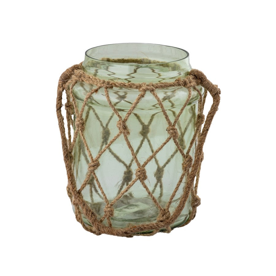 Atlas Lighting Sea Garden Vase | Light Green Glass with Jute Rope | Coastal Living Room & Entryway Decor | 7.5 x 7.5 x 8 in | Model AC11574-01