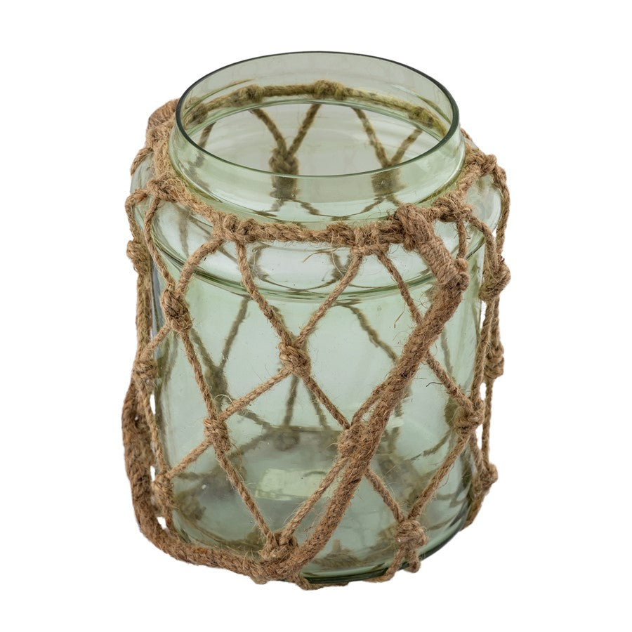 Atlas Lighting Sea Garden Vase | Light Green Glass with Jute Rope | Coastal Living Room & Entryway Decor | 7.5 x 7.5 x 8 in | Model AC11574-01
