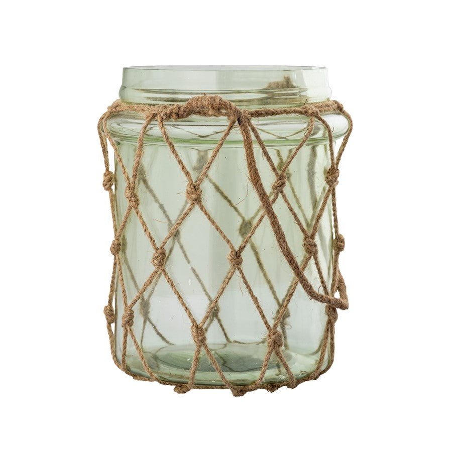 Atlas Lighting Sea Garden Large Vase | Light Green Sea Glass with Jute Rope | Living Room & Entryway Decor | 7.5 x 7.5 x 10 in | Model AC11574-02