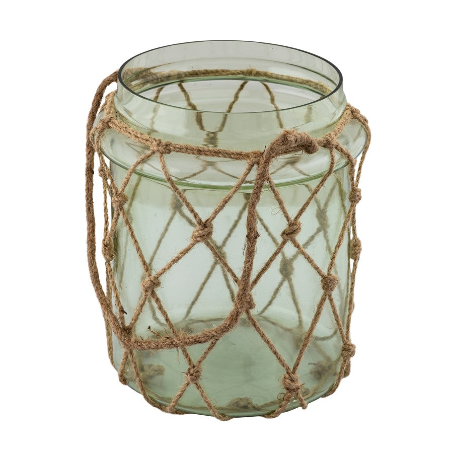 Atlas Lighting Sea Garden Large Vase | Light Green Sea Glass with Jute Rope | Living Room & Entryway Decor | 7.5 x 7.5 x 10 in | Model AC11574-02