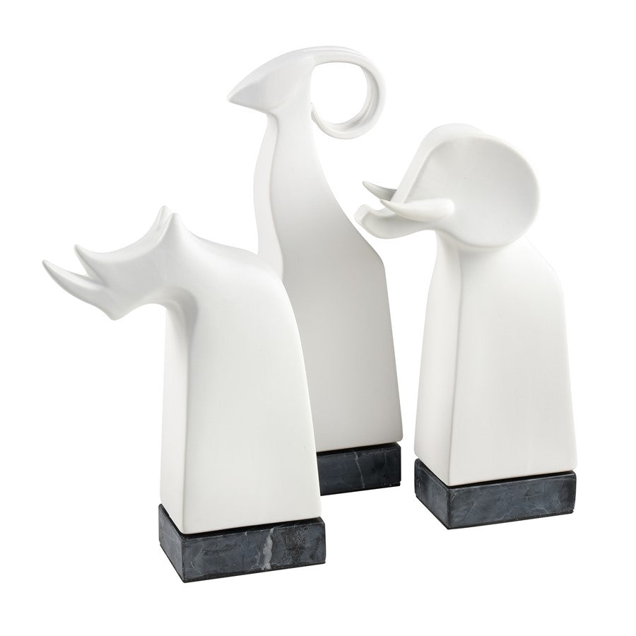 Atlas Lighting Serengeti Ram Sculpture | Matte White Earthenware on Black Stone Base | Bookshelf & Credenza Decor | Model AC11579-01
