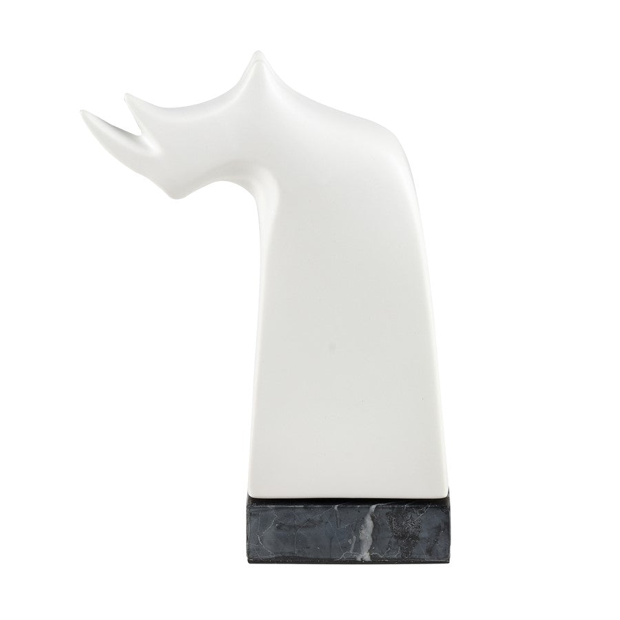 Atlas Lighting Serengeti Rhino Sculpture | Matte White Earthenware on Black Stone Base | Bookshelf & Credenza Decor | Model AC11580-01