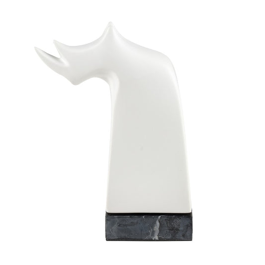 Atlas Lighting Serengeti Rhino Sculpture | Matte White Earthenware on Black Stone Base | Bookshelf & Credenza Decor | Model AC11580-01