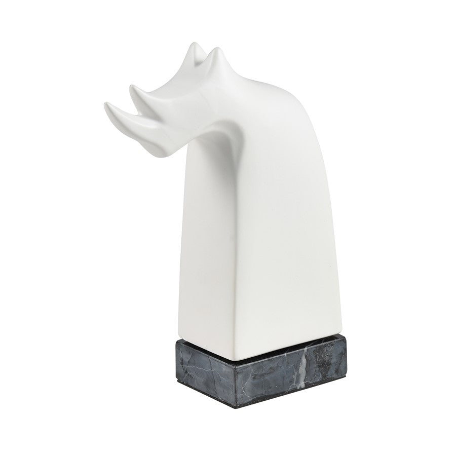 Atlas Lighting Serengeti Rhino Sculpture | Matte White Earthenware on Black Stone Base | Bookshelf & Credenza Decor | Model AC11580-01