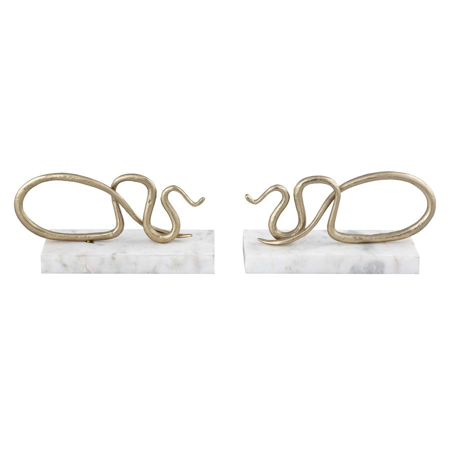 Atlas Lighting Snake Bookend Set of 2 | Polished Brass Serpent on White Marble Base | Bookshelf & Desktop Decor | Model AC11596-01S