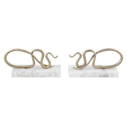 Atlas Lighting Snake Bookend Set of 2 | Polished Brass Serpent on White Marble Base | Bookshelf & Desktop Decor | Model AC11596-01S