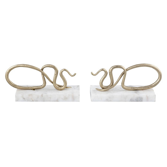 Atlas Lighting Snake Bookend Set of 2 | Polished Brass Serpent on White Marble Base | Bookshelf & Desktop Decor | Model AC11596-01S
