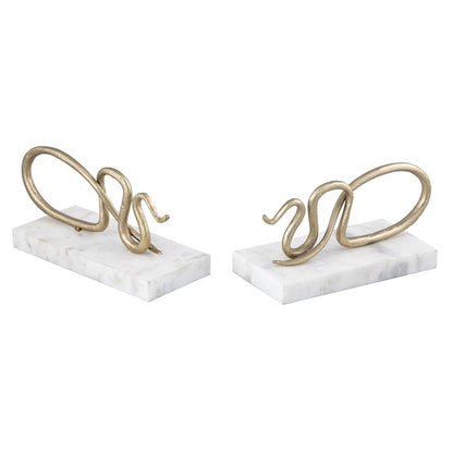 Atlas Lighting Snake Bookend Set of 2 | Polished Brass Serpent on White Marble Base | Bookshelf & Desktop Decor | Model AC11596-01S