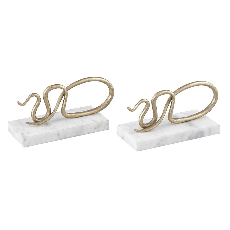 Atlas Lighting Snake Bookend Set of 2 | Polished Brass Serpent on White Marble Base | Bookshelf & Desktop Decor | Model AC11596-01S