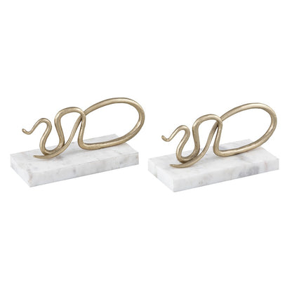 Atlas Lighting Snake Bookend Set of 2 | Polished Brass Serpent on White Marble Base | Bookshelf & Desktop Decor | Model AC11596-01S