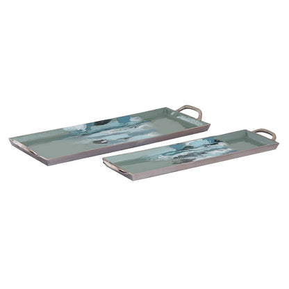 Atlas Lighting Spindrift Tray Set of 2 | Seafoam Green Enamel Metal with Nickel Handles | Serving & Storage | 26.5 x 9 x 2 in | Model AC11604-01S