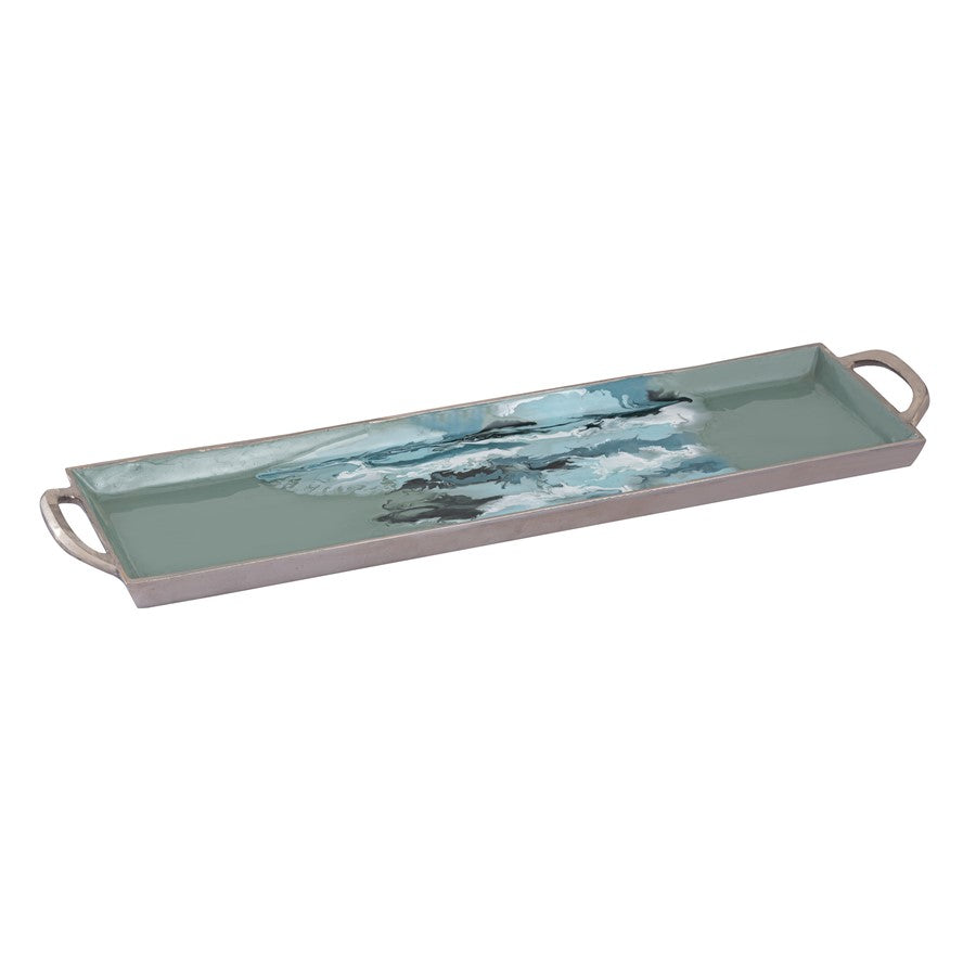Atlas Lighting Spindrift Tray Set of 2 | Seafoam Green Enamel Metal with Nickel Handles | Serving & Storage | 26.5 x 9 x 2 in | Model AC11604-01S