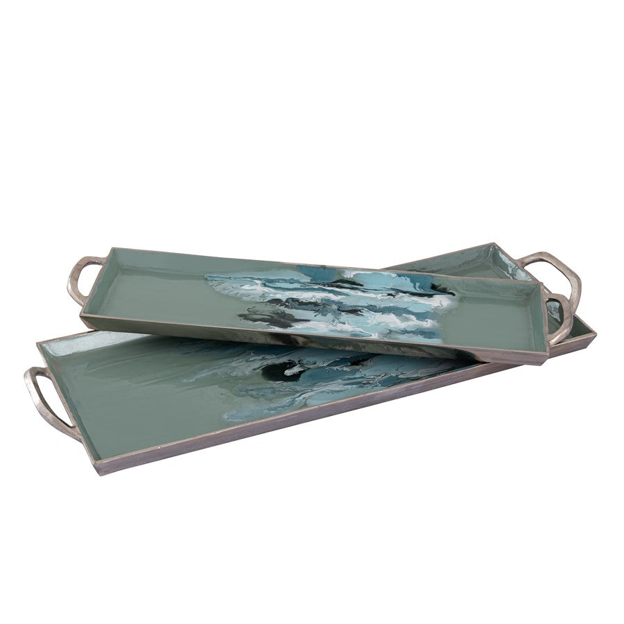 Atlas Lighting Spindrift Tray Set of 2 | Seafoam Green Enamel Metal with Nickel Handles | Serving & Storage | 26.5 x 9 x 2 in | Model AC11604-01S