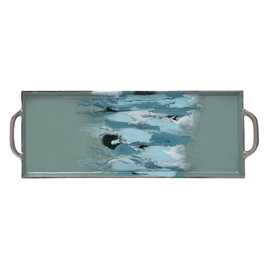 Atlas Lighting Spindrift Tray Set of 2 | Seafoam Green Enamel Metal with Nickel Handles | Serving & Storage | 26.5 x 9 x 2 in | Model AC11604-01S