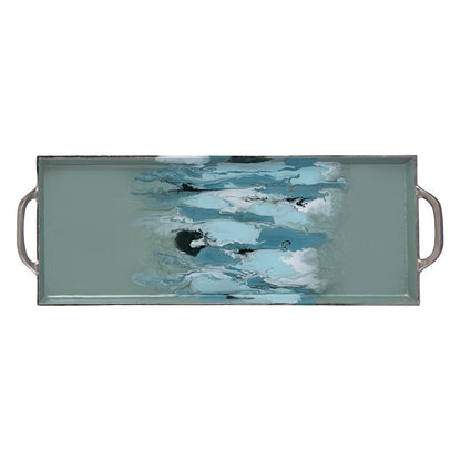 Atlas Lighting Spindrift Tray Set of 2 | Seafoam Green Enamel Metal with Nickel Handles | Serving & Storage | 26.5 x 9 x 2 in | Model AC11604-01S