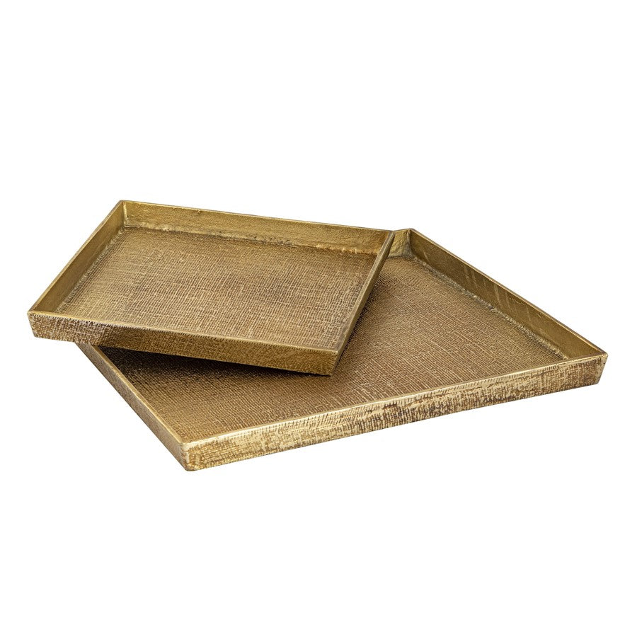 Atlas Lighting Square Linen Texture Tray Set of 2 | Antique Brass Metal Nesting Trays | Coffee Table & Vanity Organizer | Model AC11611-01S