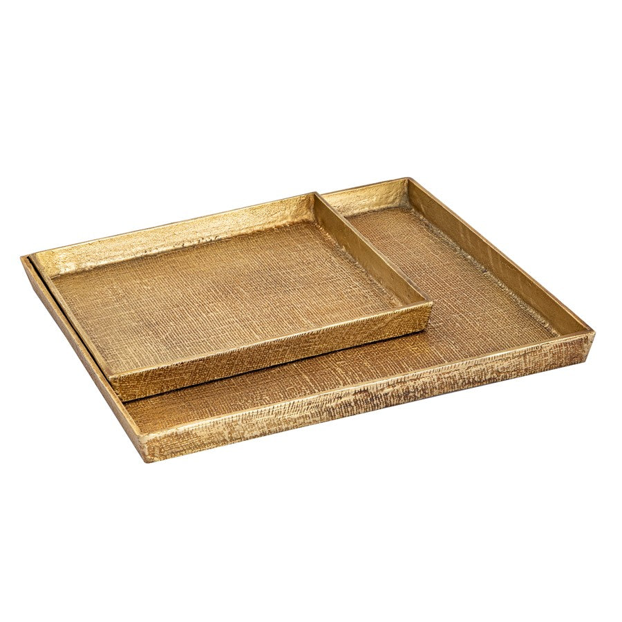 Atlas Lighting Square Linen Texture Tray Set of 2 | Antique Brass Metal Nesting Trays | Coffee Table & Vanity Organizer | Model AC11611-01S