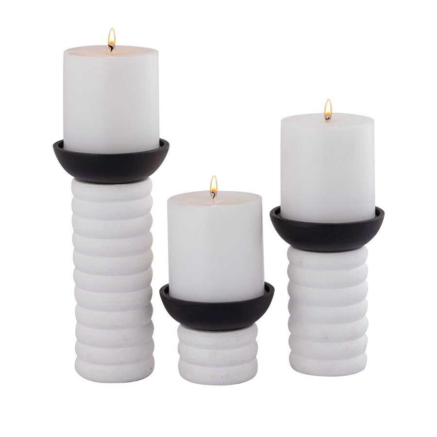 Atlas Lighting Stack Pillar Holder Set of 3 | Plaster White Metal Candle Holders | Mantel & Dining Table Decor | 5 x 5 x 10 in | Model AC11613-01S
