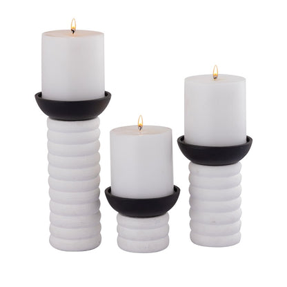 Atlas Lighting Stack Pillar Holder Set of 3 | Plaster White Metal Candle Holders | Mantel & Dining Table Decor | 5 x 5 x 10 in | Model AC11613-01S
