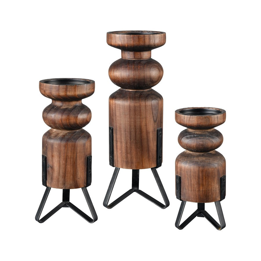 Atlas Lighting Stilton Candleholder, Set of 3 | Transitional Brown Wood & Oil Rubbed Bronze Metal Pillars | Centerpiece & Side | Model AC11617-01S