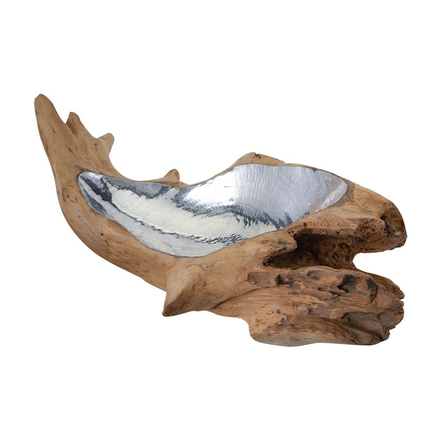 Atlas Lighting Teak Root Bowl Medium | Natural Wood & Silver Aluminum | Coffee Table & Shelf Decor | 5in H | Model AC11631-01