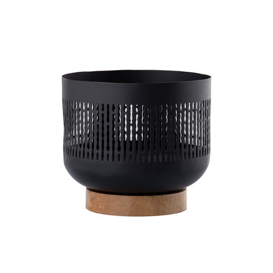 Atlas Lighting Terrell Small Hurricane | Matte Black Metal & Natural Wood | Living Room & Entryway Decor | 8 x 8 x 7 in | Model AC11636-01