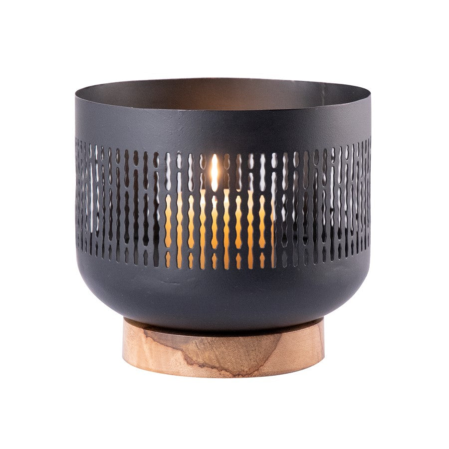 Atlas Lighting Terrell Small Hurricane | Matte Black Metal & Natural Wood | Living Room & Entryway Decor | 8 x 8 x 7 in | Model AC11636-01