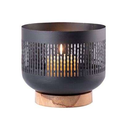 Atlas Lighting Terrell Small Hurricane | Matte Black Metal & Natural Wood | Living Room & Entryway Decor | 8 x 8 x 7 in | Model AC11636-01