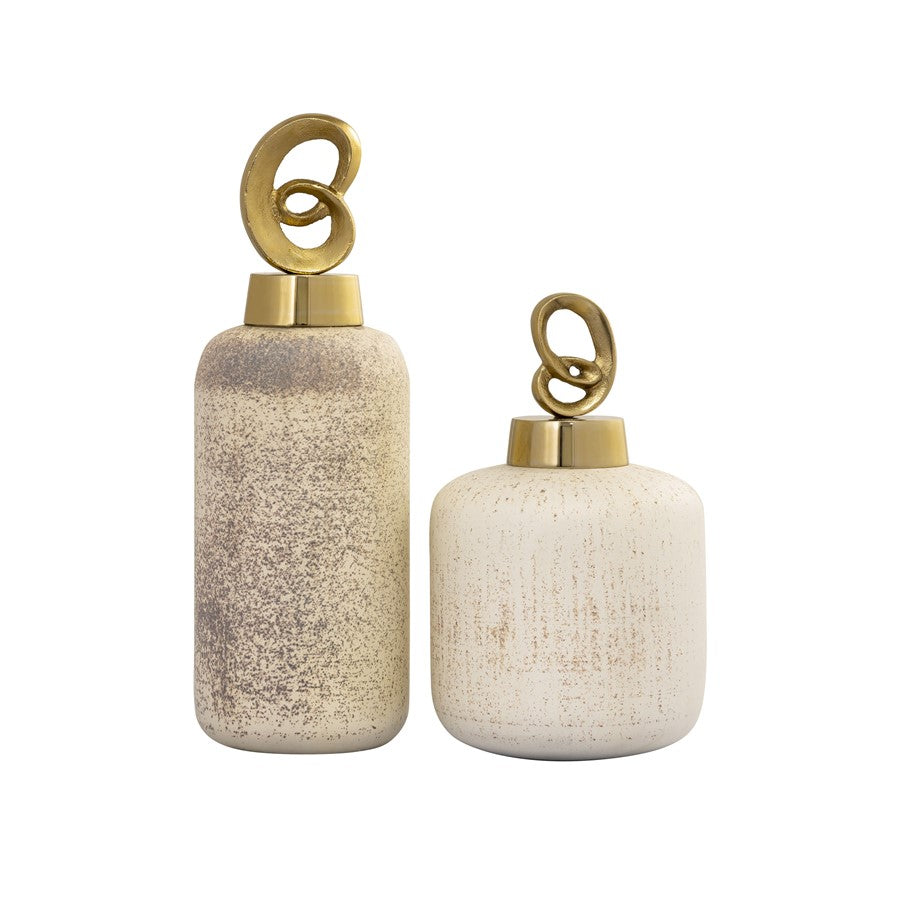 Atlas Lighting Tiff Bottle Set of 2 | Aged Cream Glass with Antique Brass Stoppers | Shelf, Console & Mantel Decor | 5 x 5 x 15 in | Model AC11640-01S