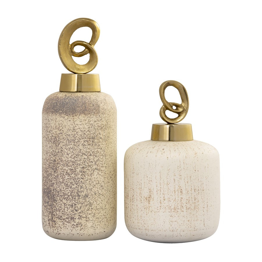 Atlas Lighting Tiff Bottle Set of 2 | Aged Cream Glass with Antique Brass Stoppers | Shelf, Console & Mantel Decor | 5 x 5 x 15 in | Model AC11640-01S