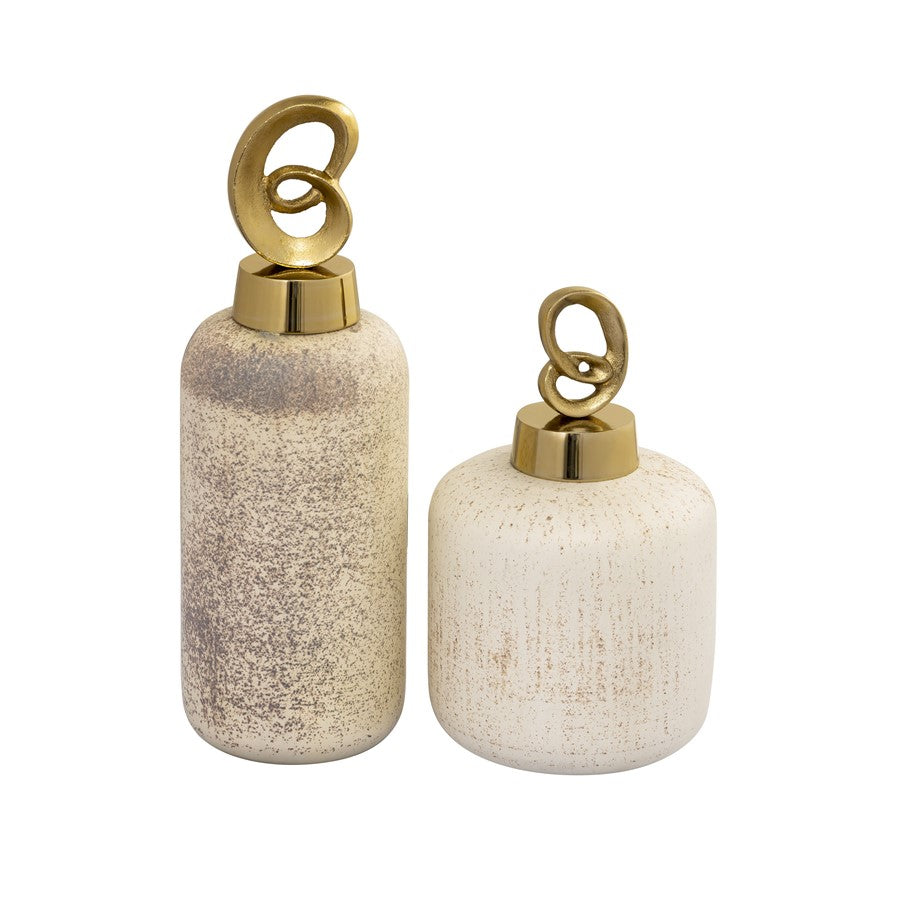 Atlas Lighting Tiff Bottle Set of 2 | Aged Cream Glass with Antique Brass Stoppers | Shelf, Console & Mantel Decor | 5 x 5 x 15 in | Model AC11640-01S