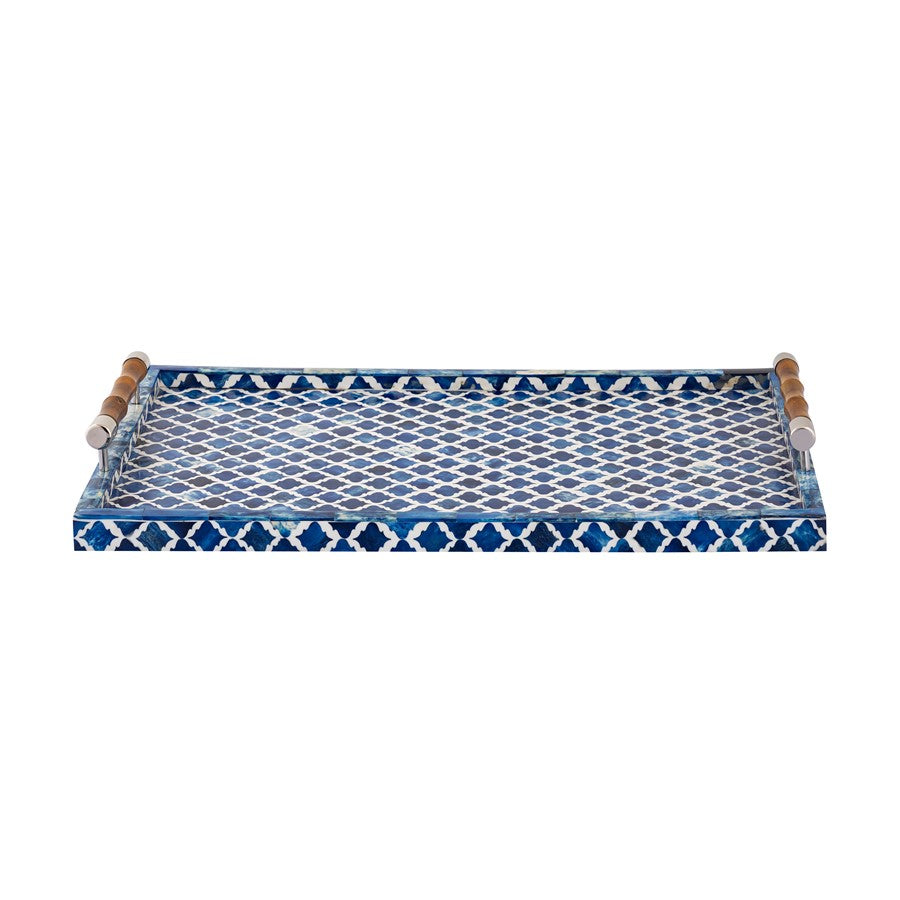 Atlas Lighting Tucker 24in Serving Tray | Blue Ogee Pattern with Bamboo & Polished Nickel Handles | Living Room & Kitchen | Model AC11653-01