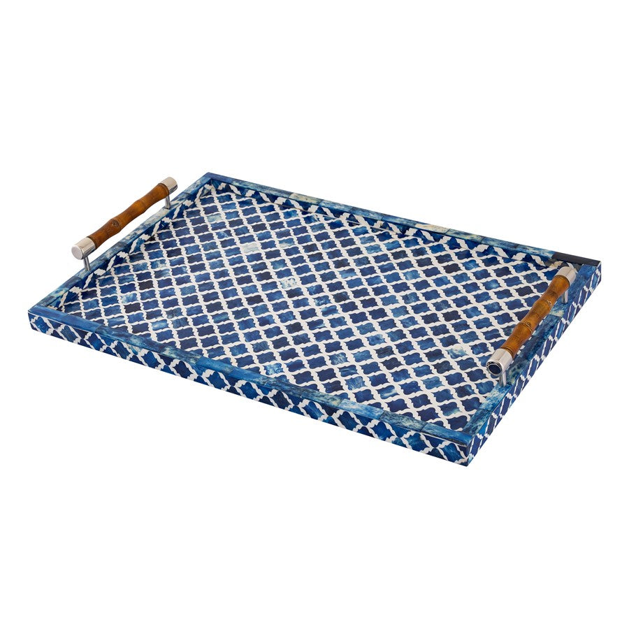 Atlas Lighting Tucker 24in Serving Tray | Blue Ogee Pattern with Bamboo & Polished Nickel Handles | Living Room & Kitchen | Model AC11653-01