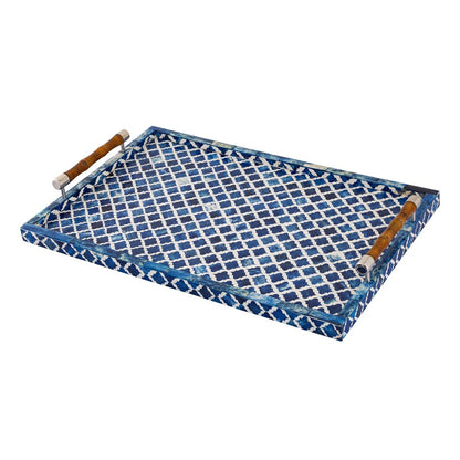 Atlas Lighting Tucker 24in Serving Tray | Blue Ogee Pattern with Bamboo & Polished Nickel Handles | Living Room & Kitchen | Model AC11653-01