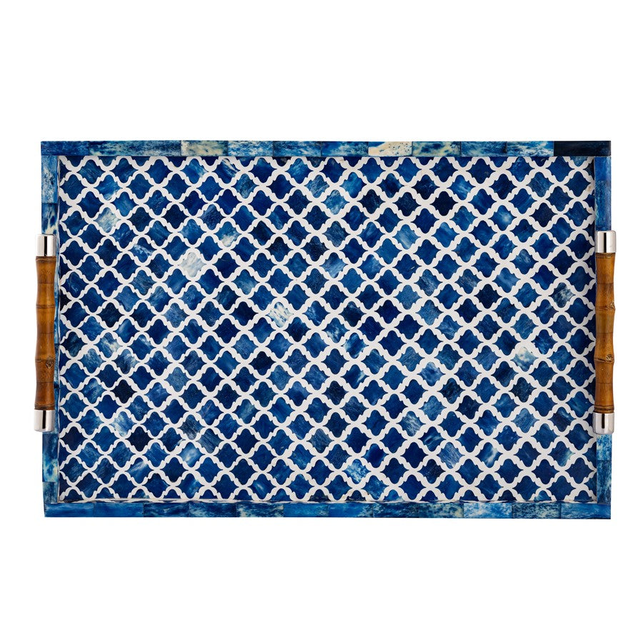 Atlas Lighting Tucker 24in Serving Tray | Blue Ogee Pattern with Bamboo & Polished Nickel Handles | Living Room & Kitchen | Model AC11653-01