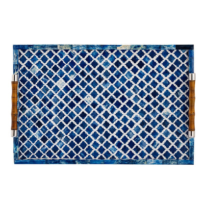 Atlas Lighting Tucker 24in Serving Tray | Blue Ogee Pattern with Bamboo & Polished Nickel Handles | Living Room & Kitchen | Model AC11653-01